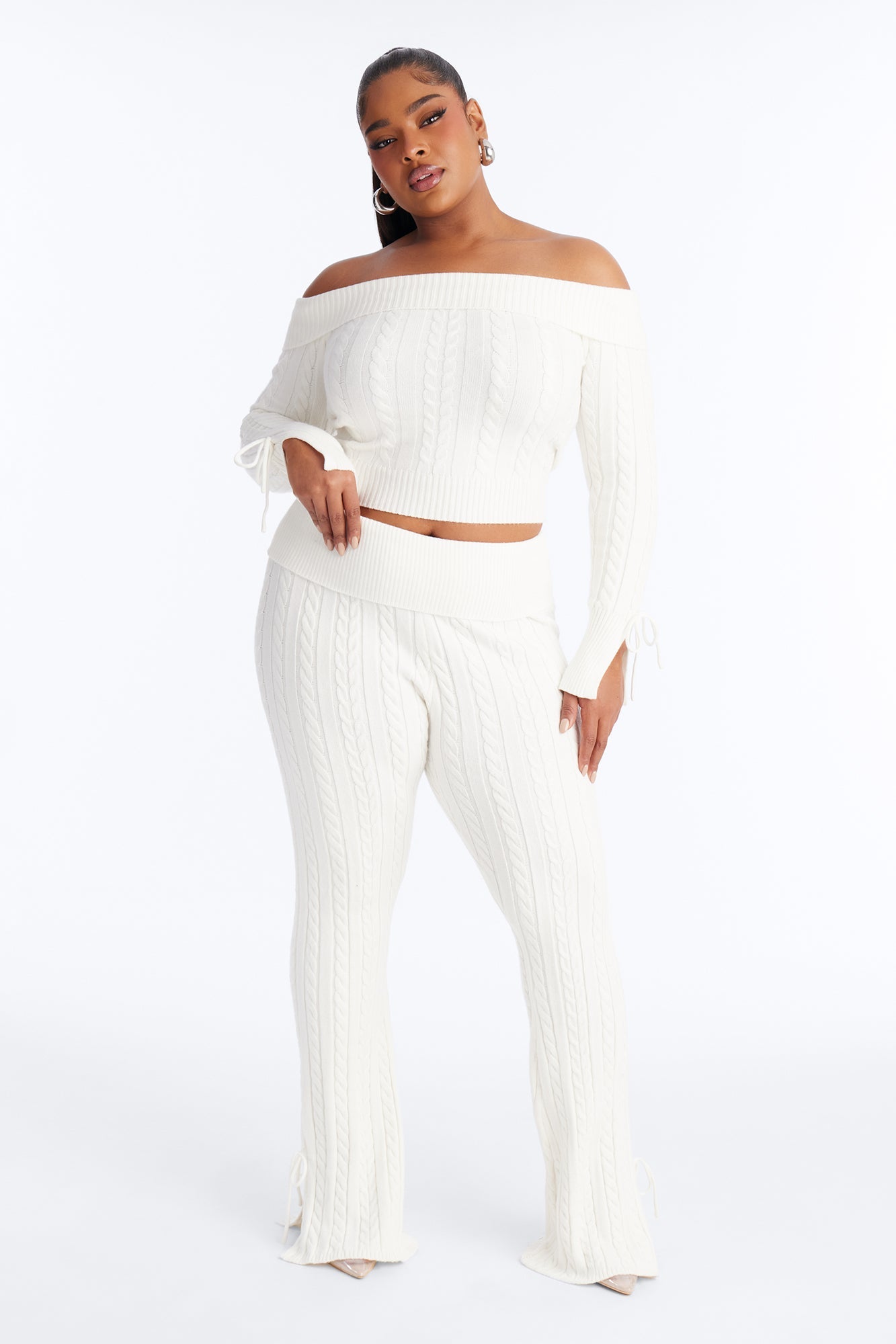 Mikayla Off Shoulder Sweater Pant Set - Cream