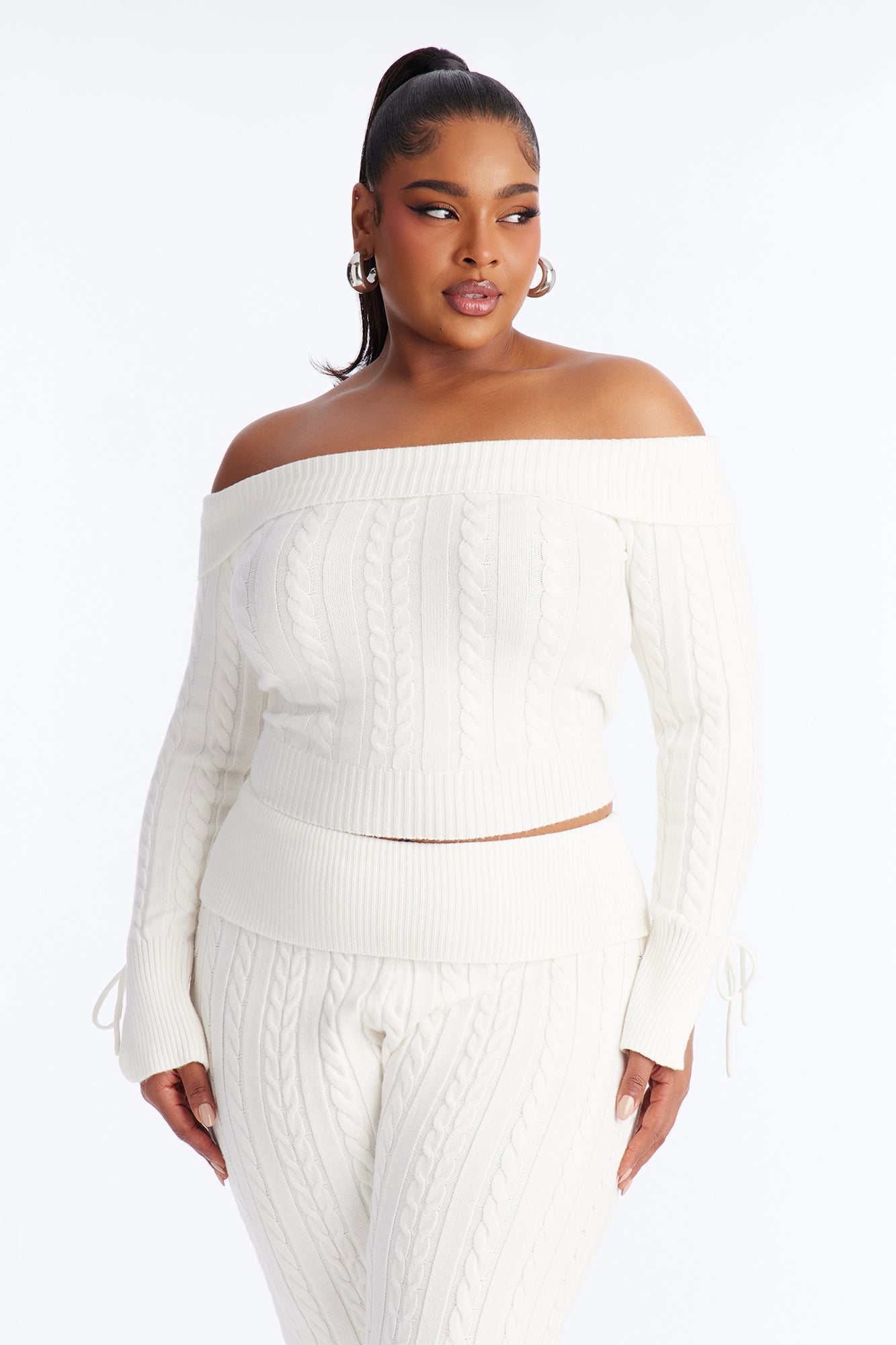 Mikayla Off Shoulder Sweater Pant Set - Cream
