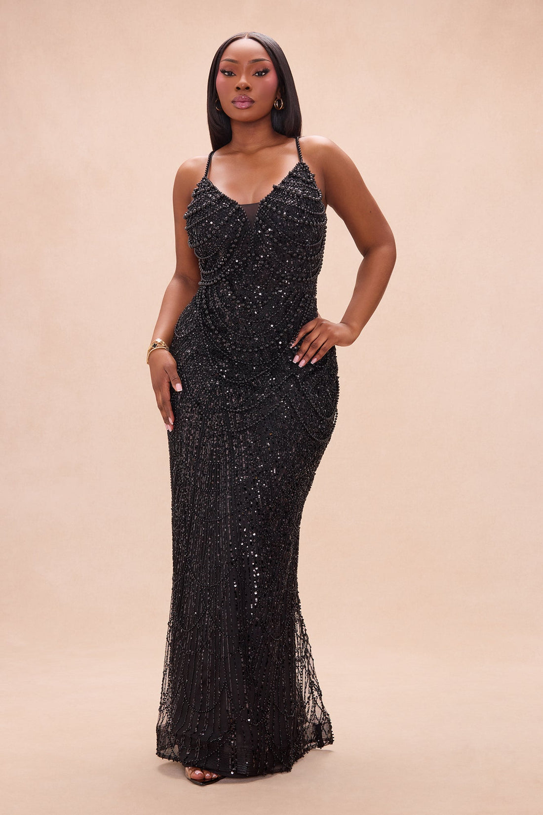 Glitz And Glam Pearl Embellished Gown - Black