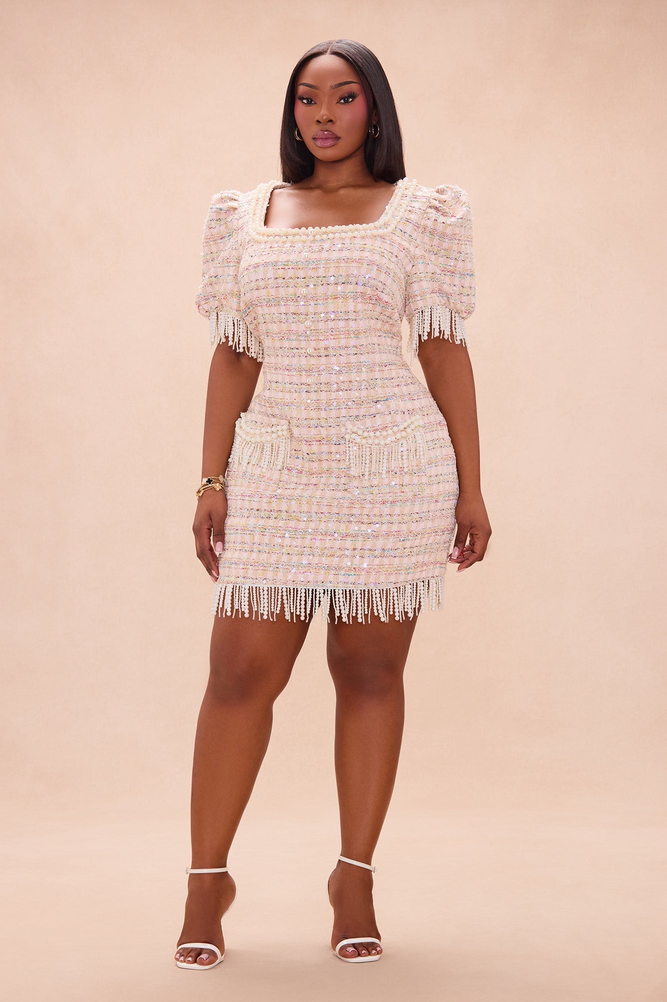 Elaina Embellished Draped Tweed Mini Dress - Pink/combo