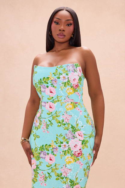 Leah Strapless Sequin Midi Dress - Turquoise/combo