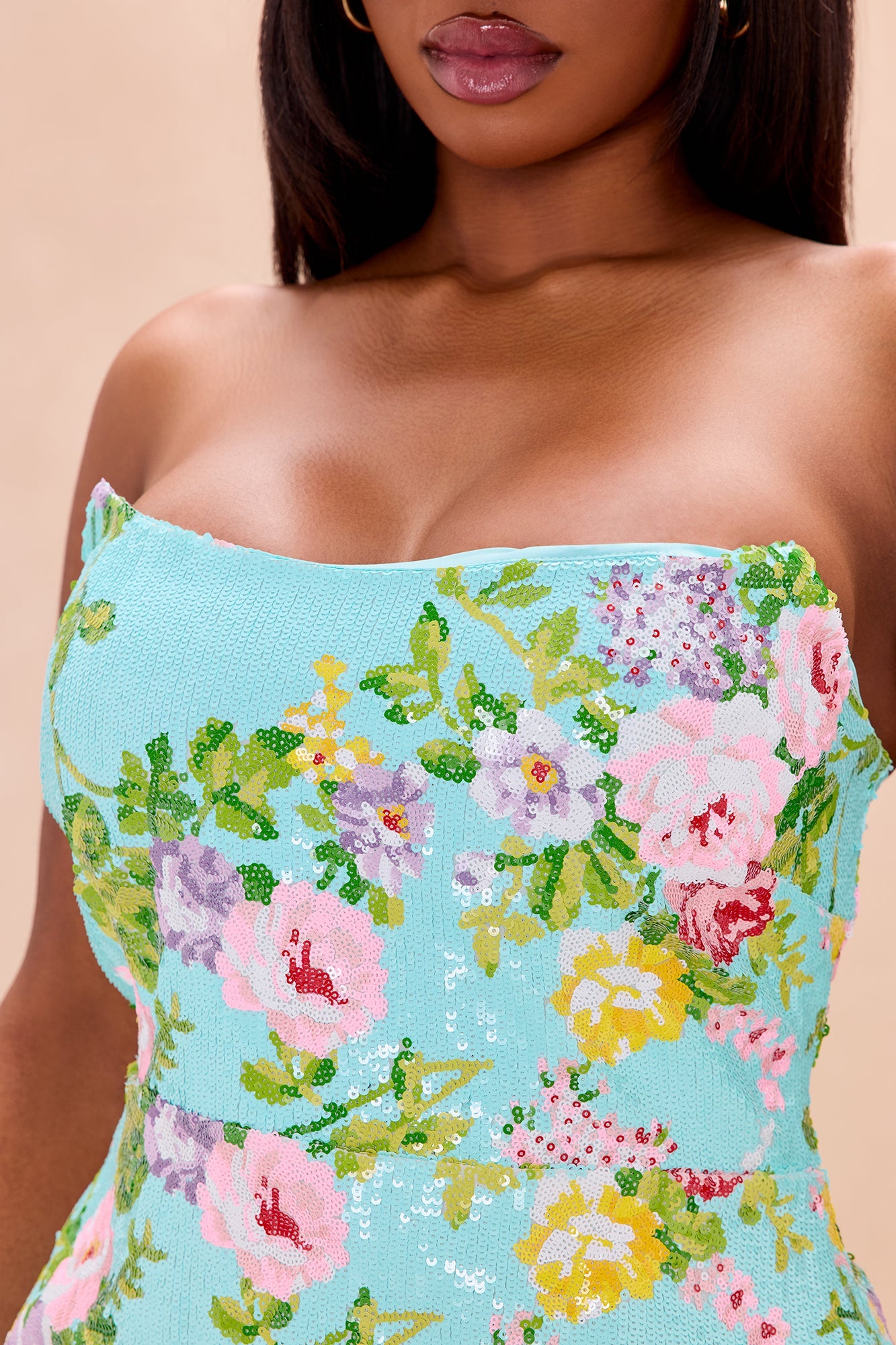 Leah Strapless Sequin Midi Dress - Turquoise/combo