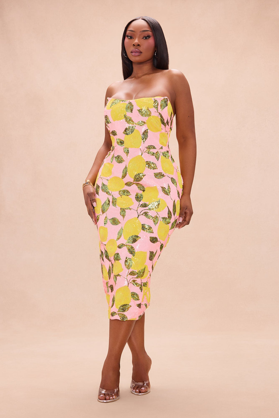 Leah Strapless Sequin Midi Dress - Pink/combo