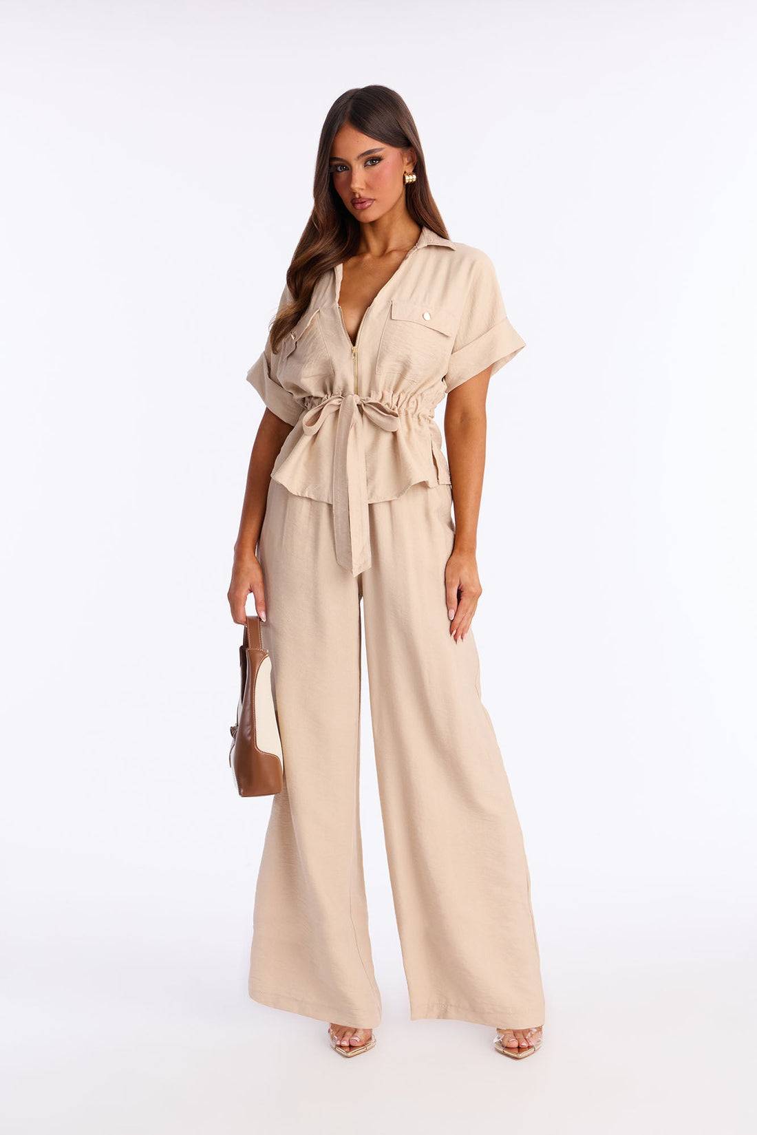 Noel Tie Waist Pant Set - Natural
