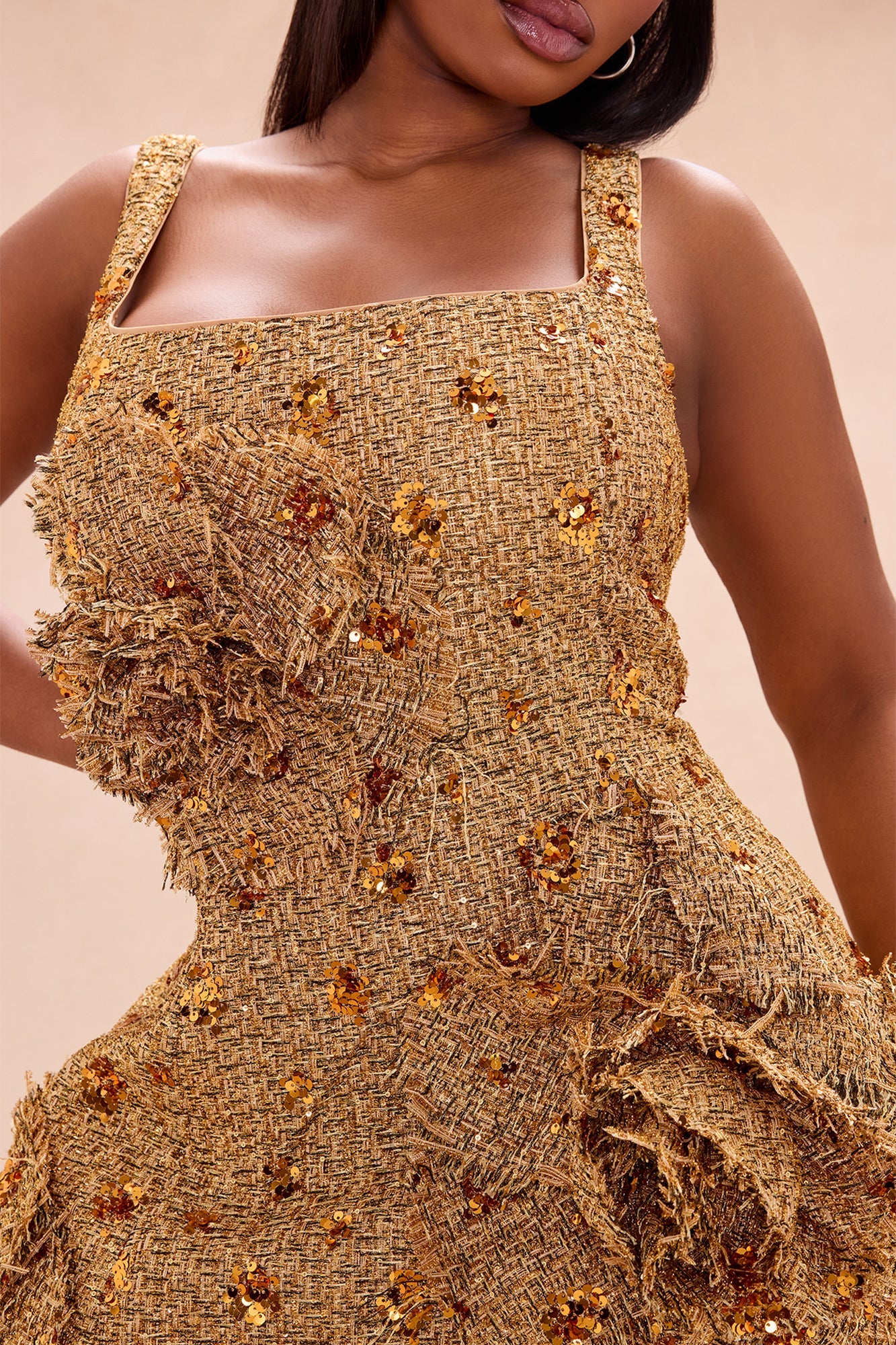 Lianne Floral Applique Embellished Tweed Mini Dress - Gold