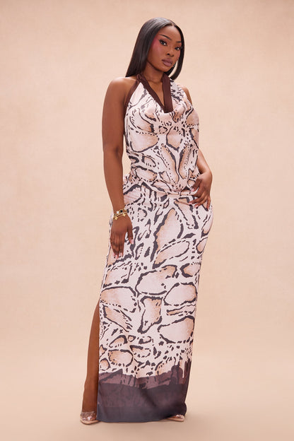 Raelynn Satin Halter Skirt Set - Brown/combo