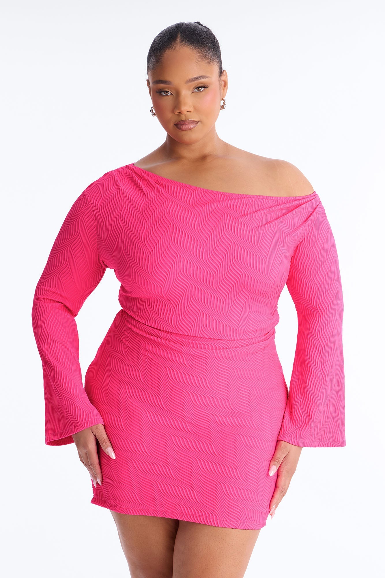 Kaya Long Sleeve Textured Cotton Mini Dress - Hot Pink