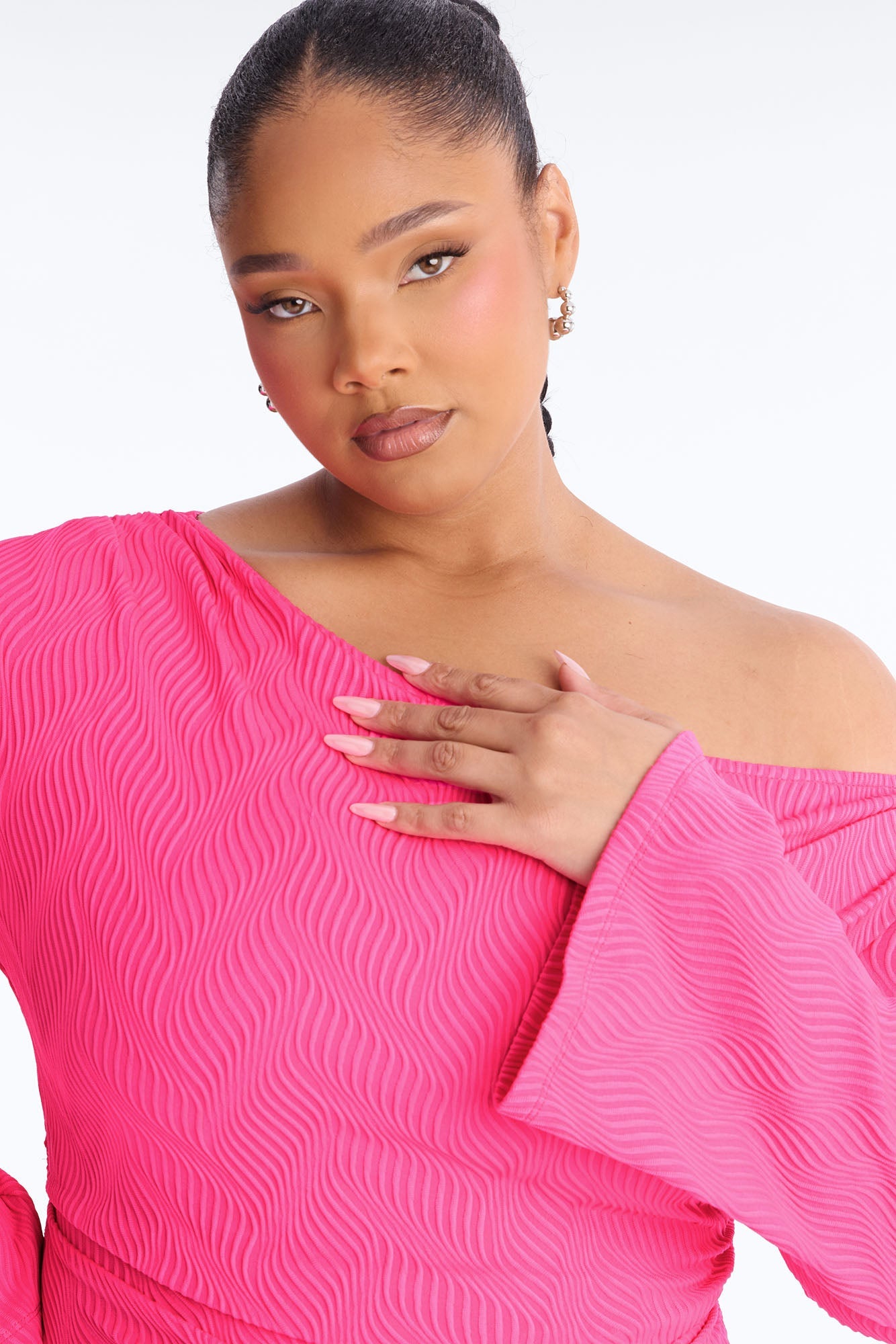 Kaya Long Sleeve Textured Cotton Mini Dress - Hot Pink