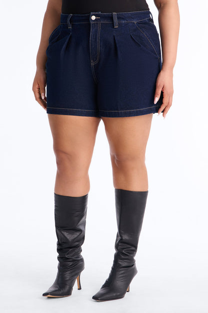 Night Borough Pleated Denim Shorts - Dark Wash
