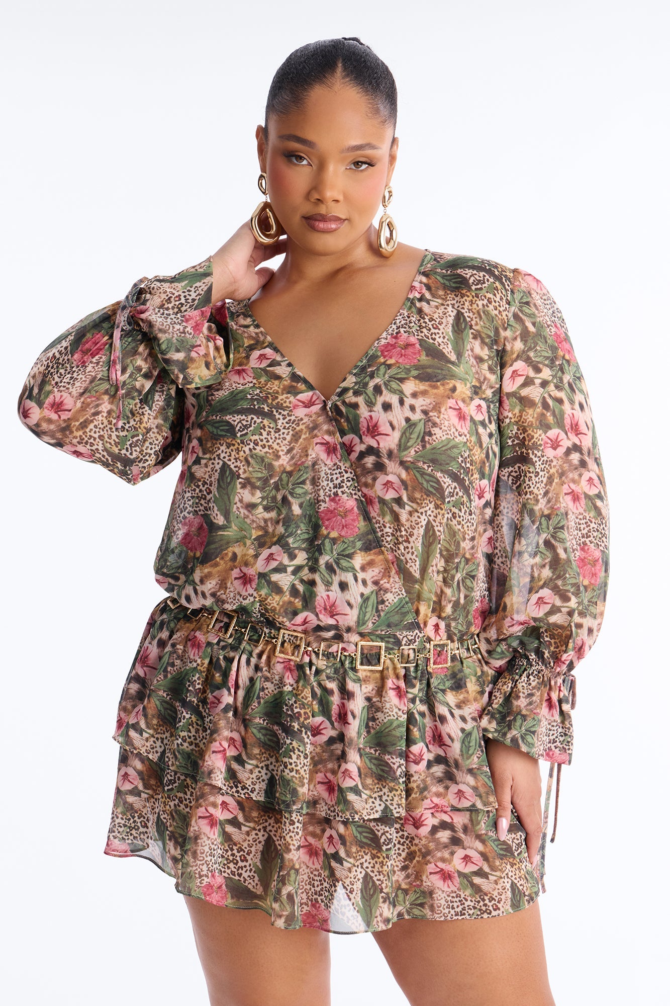 Davina Belted Chiffon Mini Dress - Olive/combo