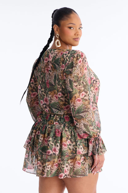 Davina Belted Chiffon Mini Dress - Olive/combo