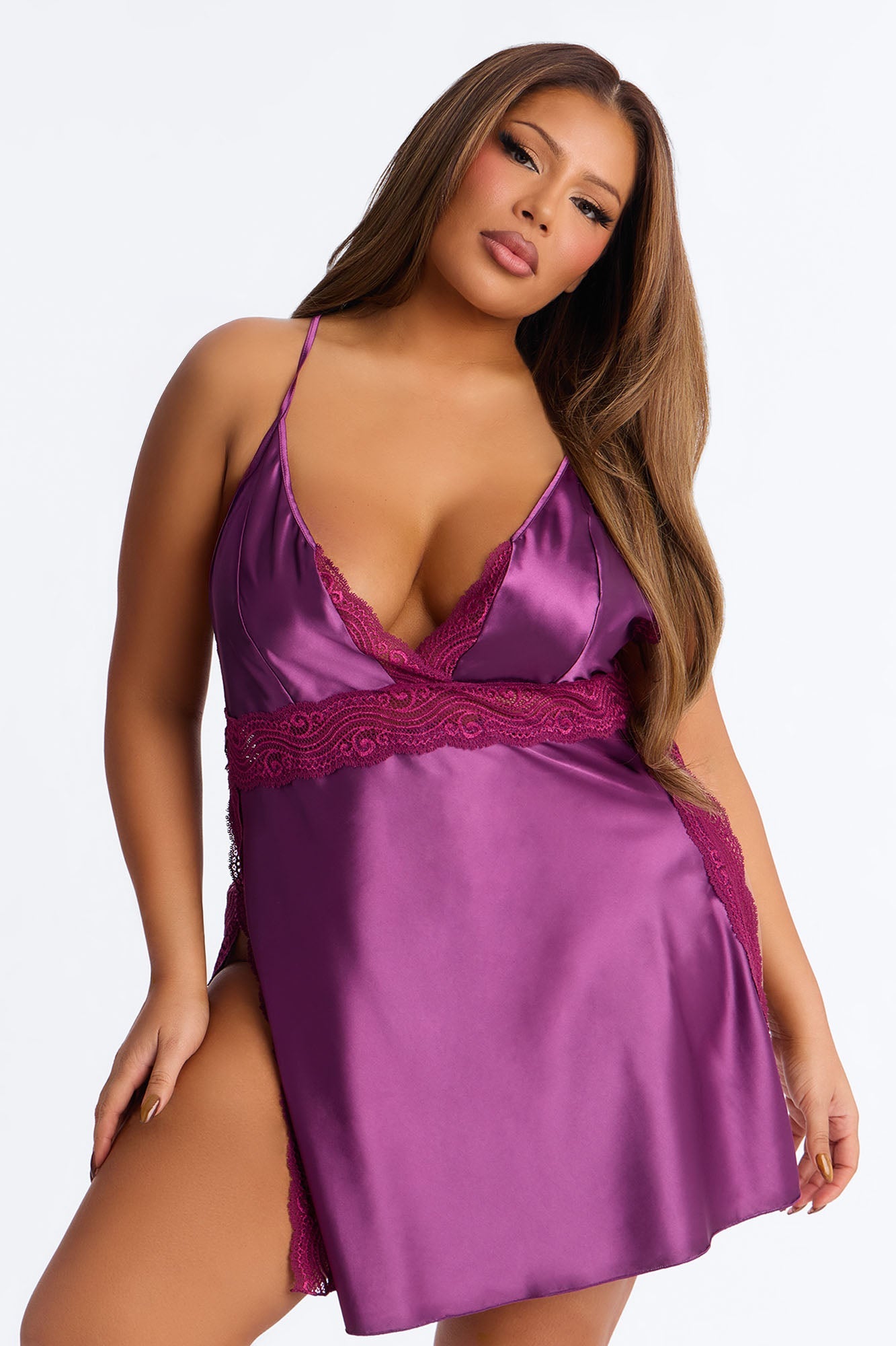 Just Enough Satin Babydoll - Plum