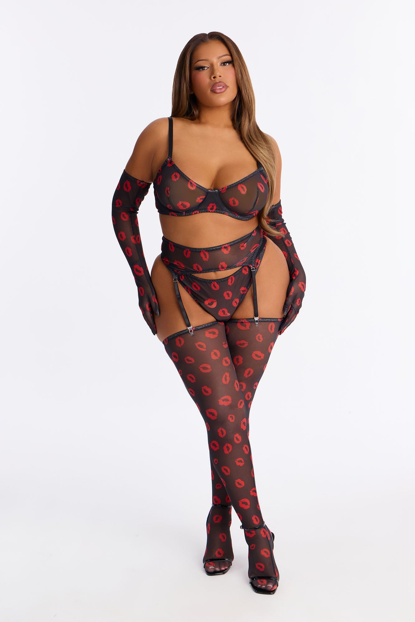 Emma Kiss Kiss Mesh Glove 5 Piece Set - Black/Red