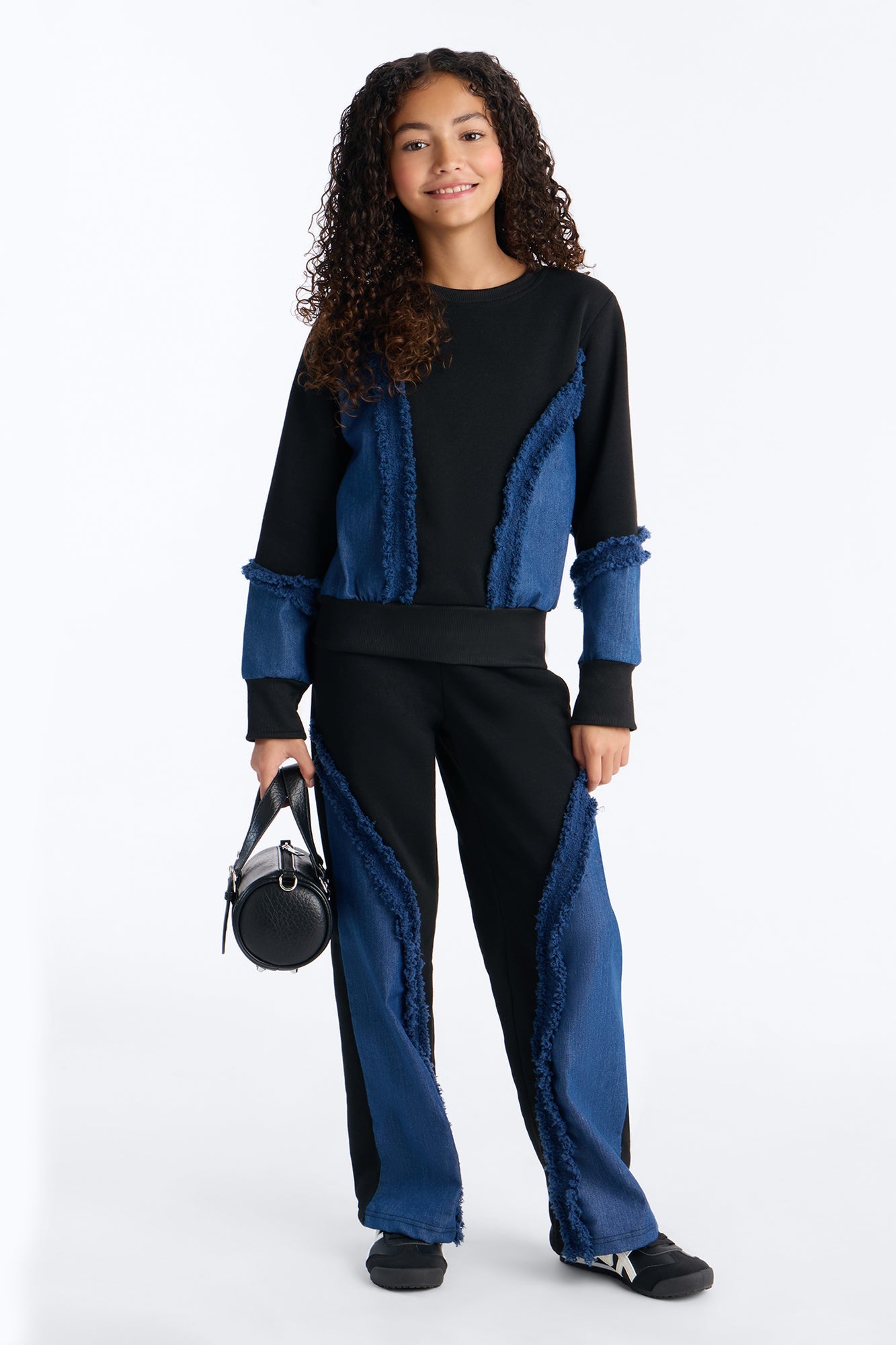 Mini Mixed Feelings Denim And Fleece Pant Set - Black/combo