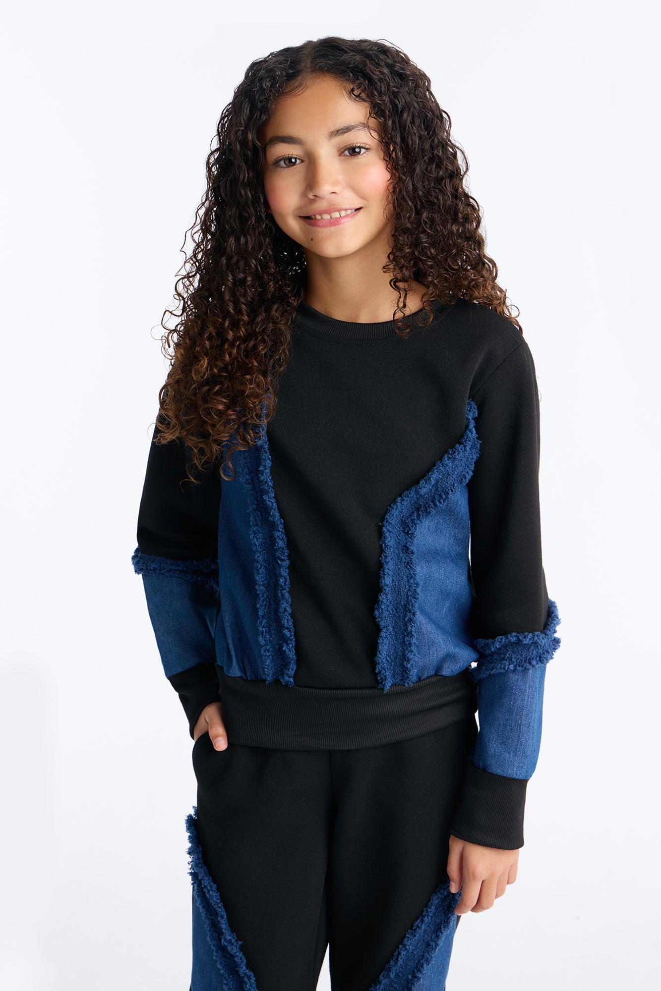 Mini Mixed Feelings Denim And Fleece Pant Set - Black/combo