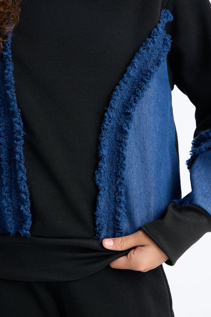 Mini Mixed Feelings Denim And Fleece Pant Set - Black/combo
