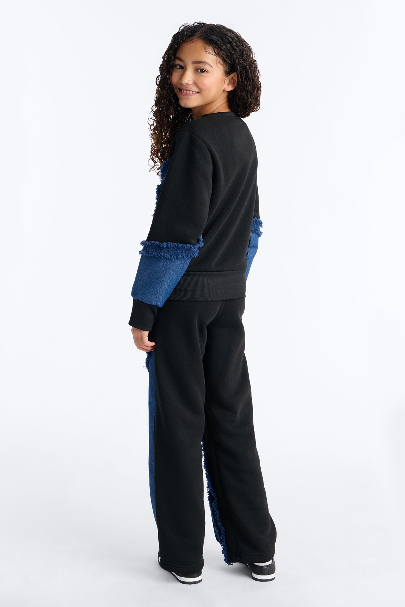 Mini Mixed Feelings Denim And Fleece Pant Set - Black/combo