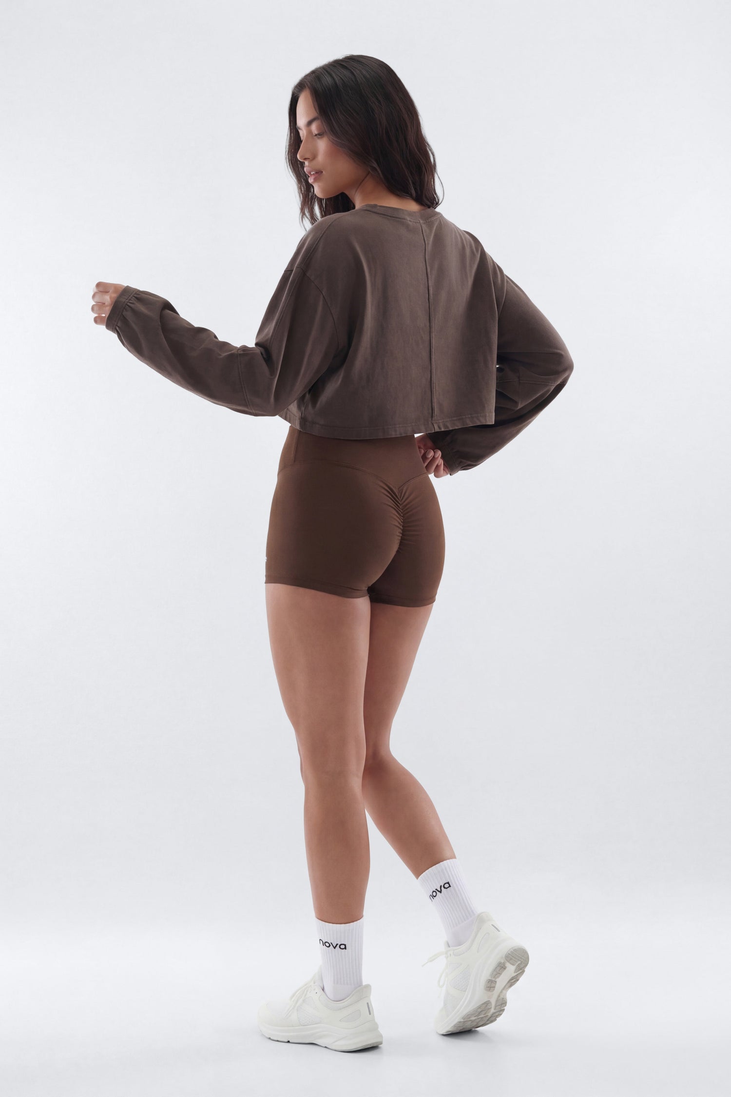 Cotton Jersey Long Sleeve Cropped Top - Brown