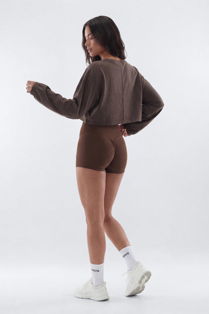 Cotton Jersey Long Sleeve Cropped Top - Brown