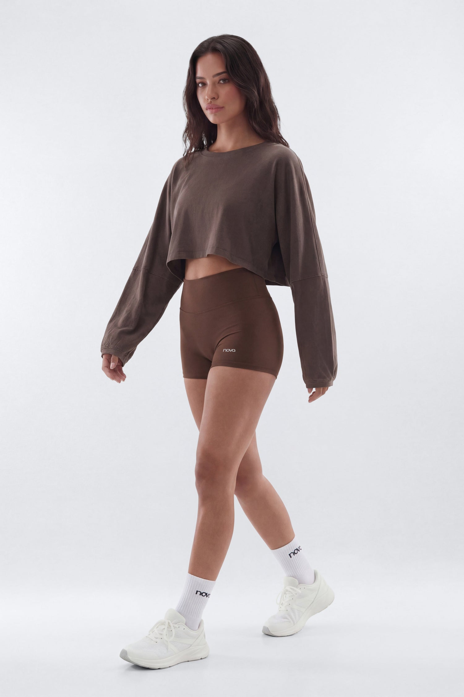 Cotton Jersey Long Sleeve Cropped Top - Brown