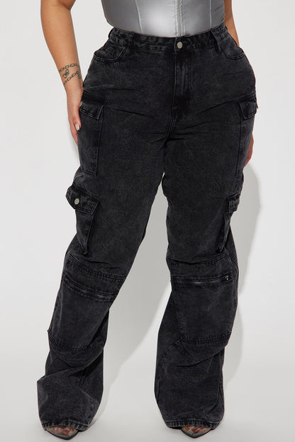 Tall Mad For You Cargo Jeans - Acid Wash Black