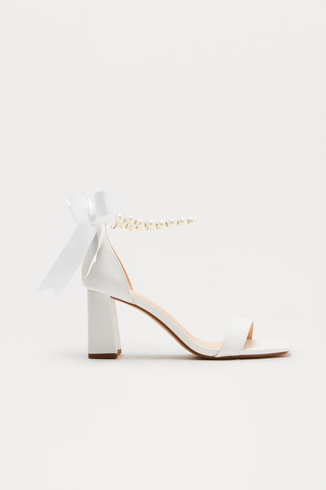 Ribbon Pearl Heeled Sandals - White