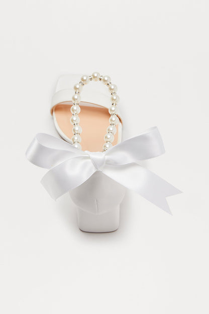 Ribbon Pearl Heeled Sandals - White