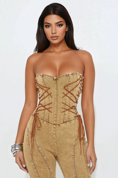 Meet Me In The Desert Denim Jumpsuit - Tan