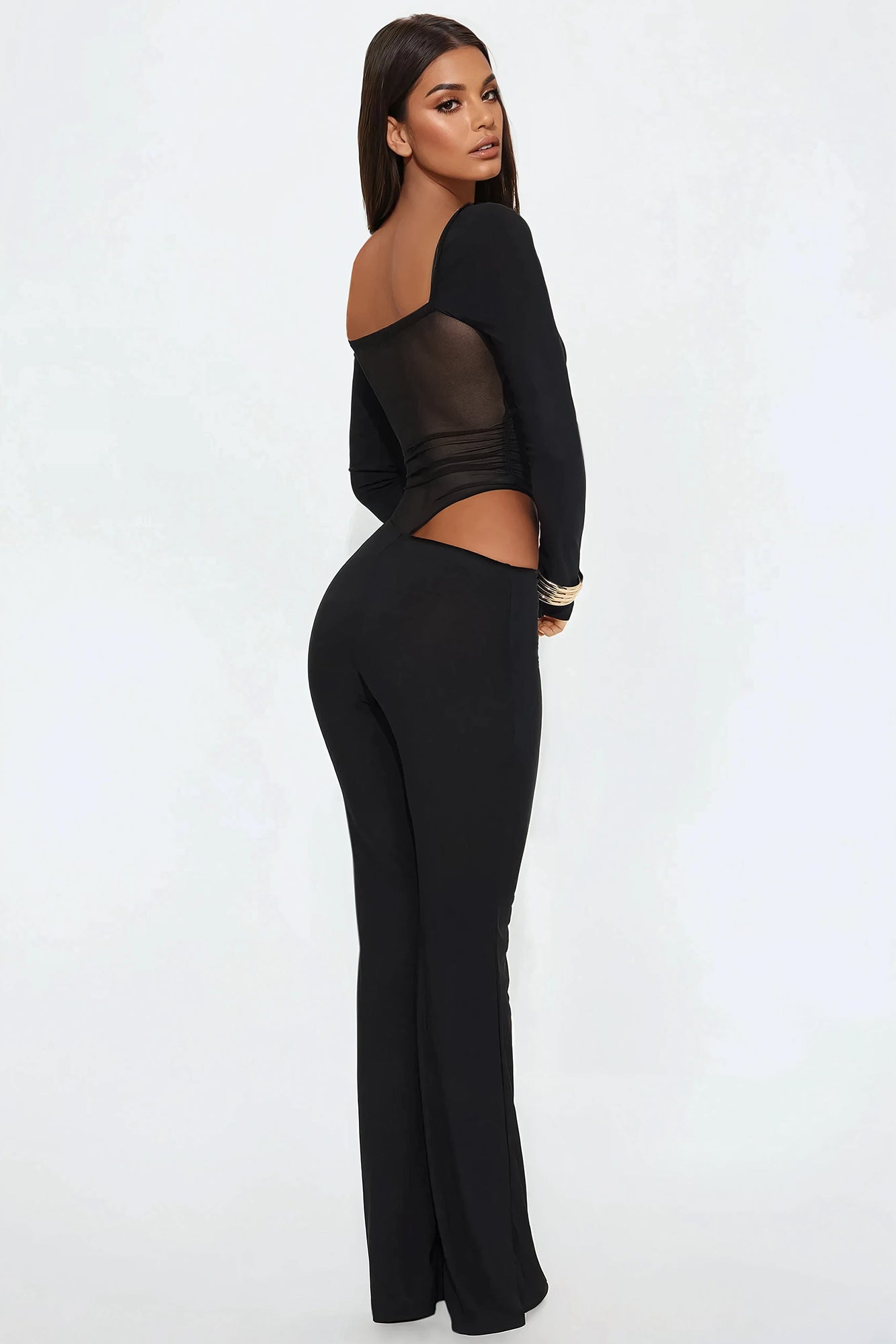 Striya Sheer Long Sleeve Cut Out Jumpsuit - Black