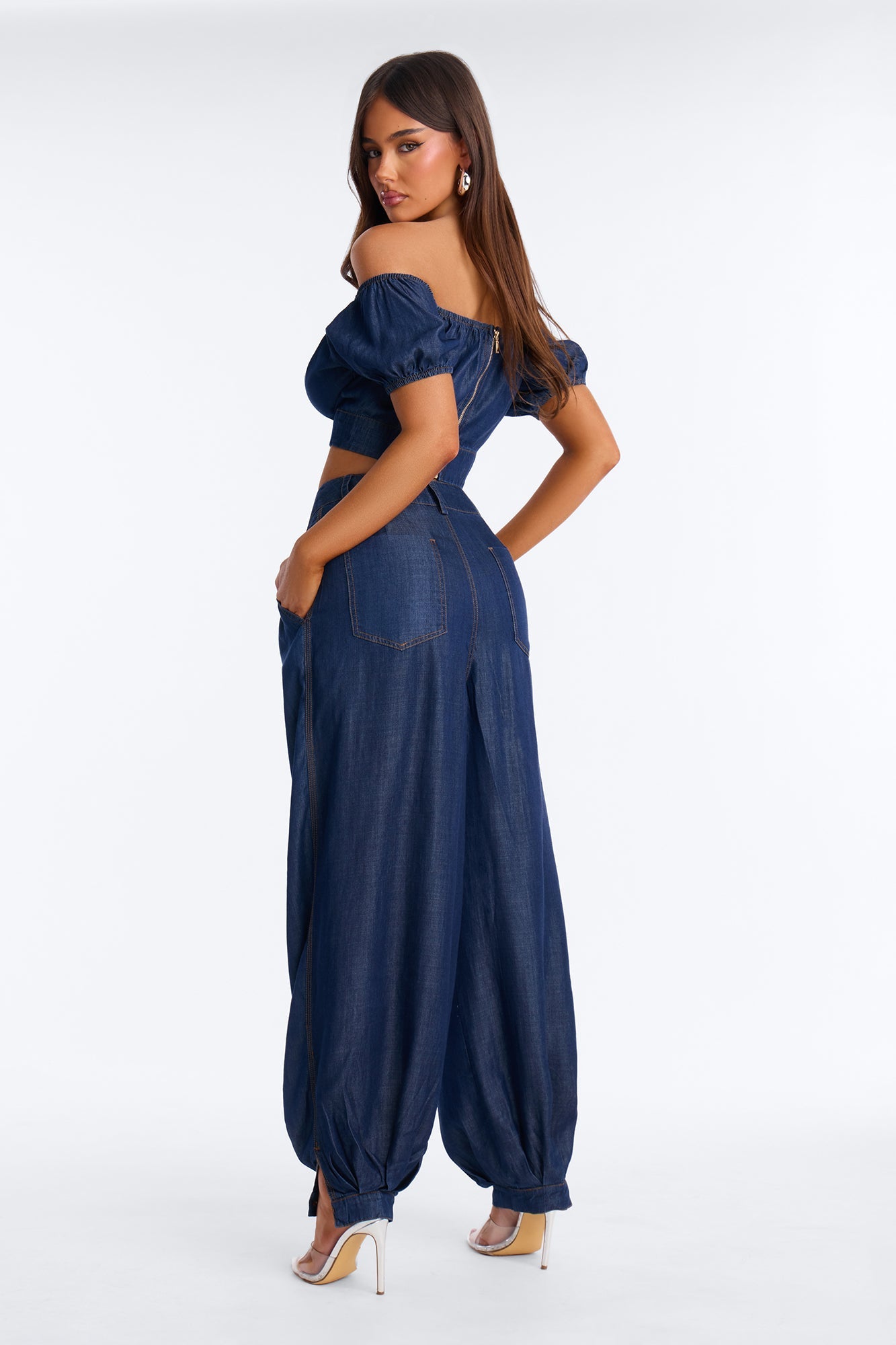 Lola Off Shoulder Balloon Pant Set - Dark Denim