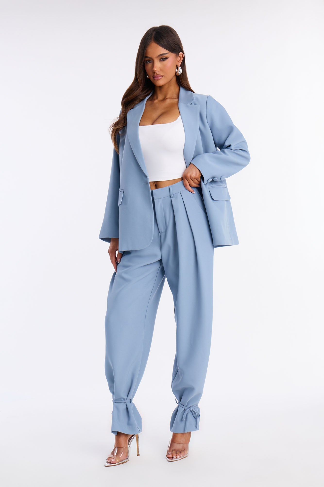 Veronica Blazer Cinched Pant Set - Dusty Blue