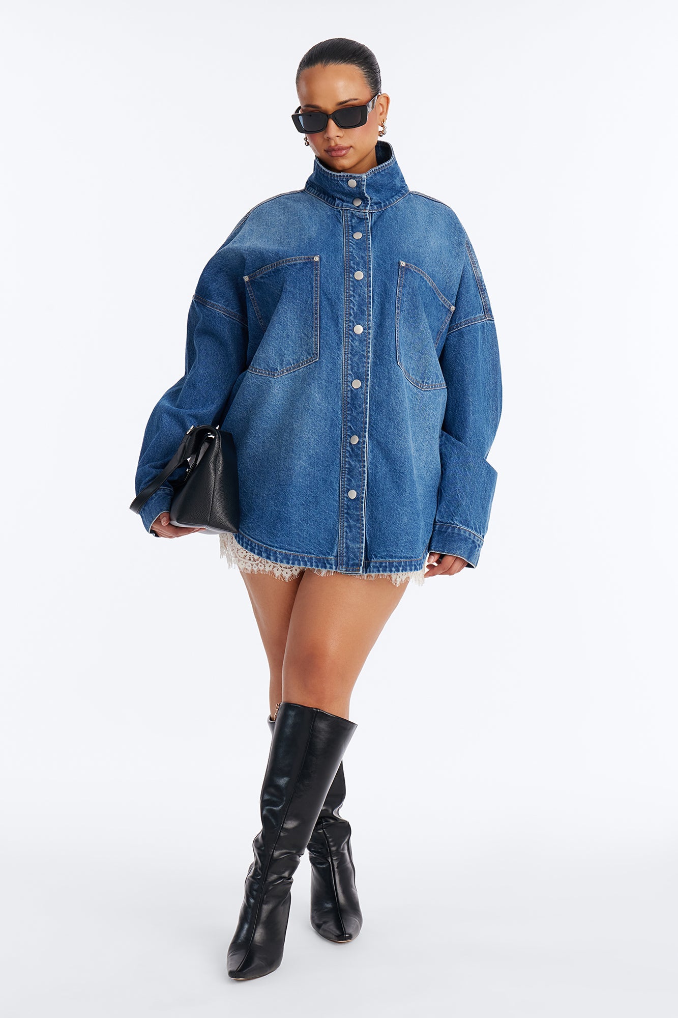 Freya High Neck Oversized Denim Shacket - Medium Wash