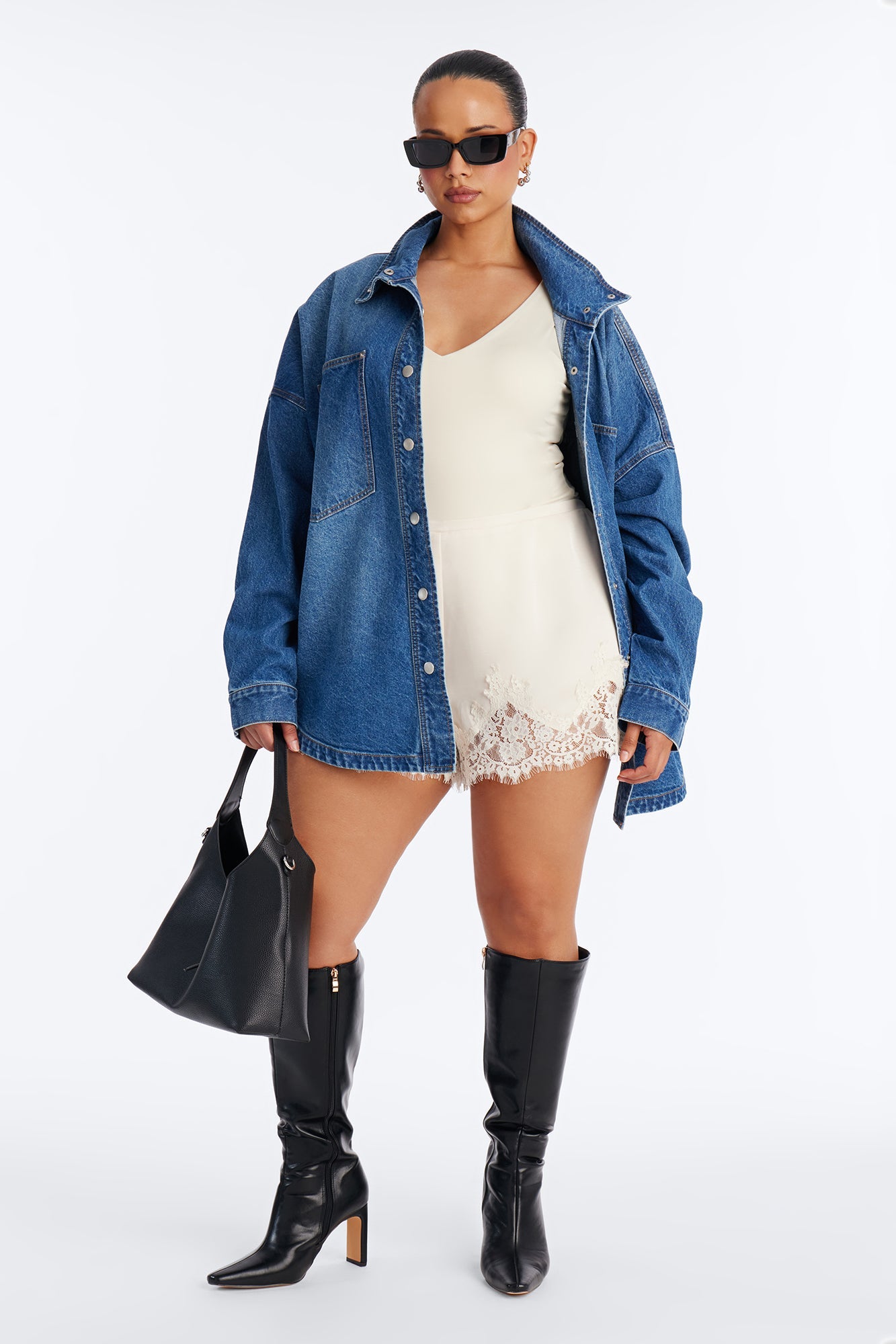 Freya High Neck Oversized Denim Shacket - Medium Wash