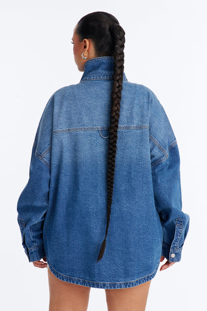 Freya High Neck Oversized Denim Shacket - Medium Wash