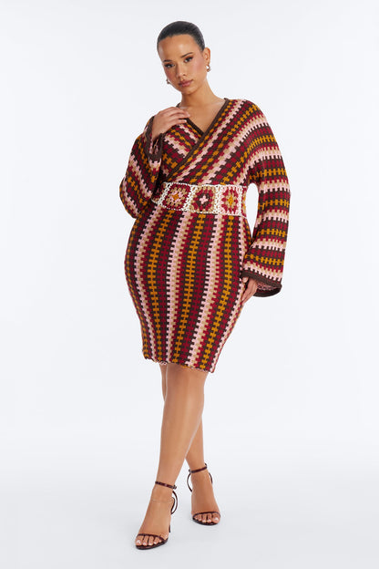 Under The Sun Long Sleeve Sweater Mini Dress - Burgundy/combo