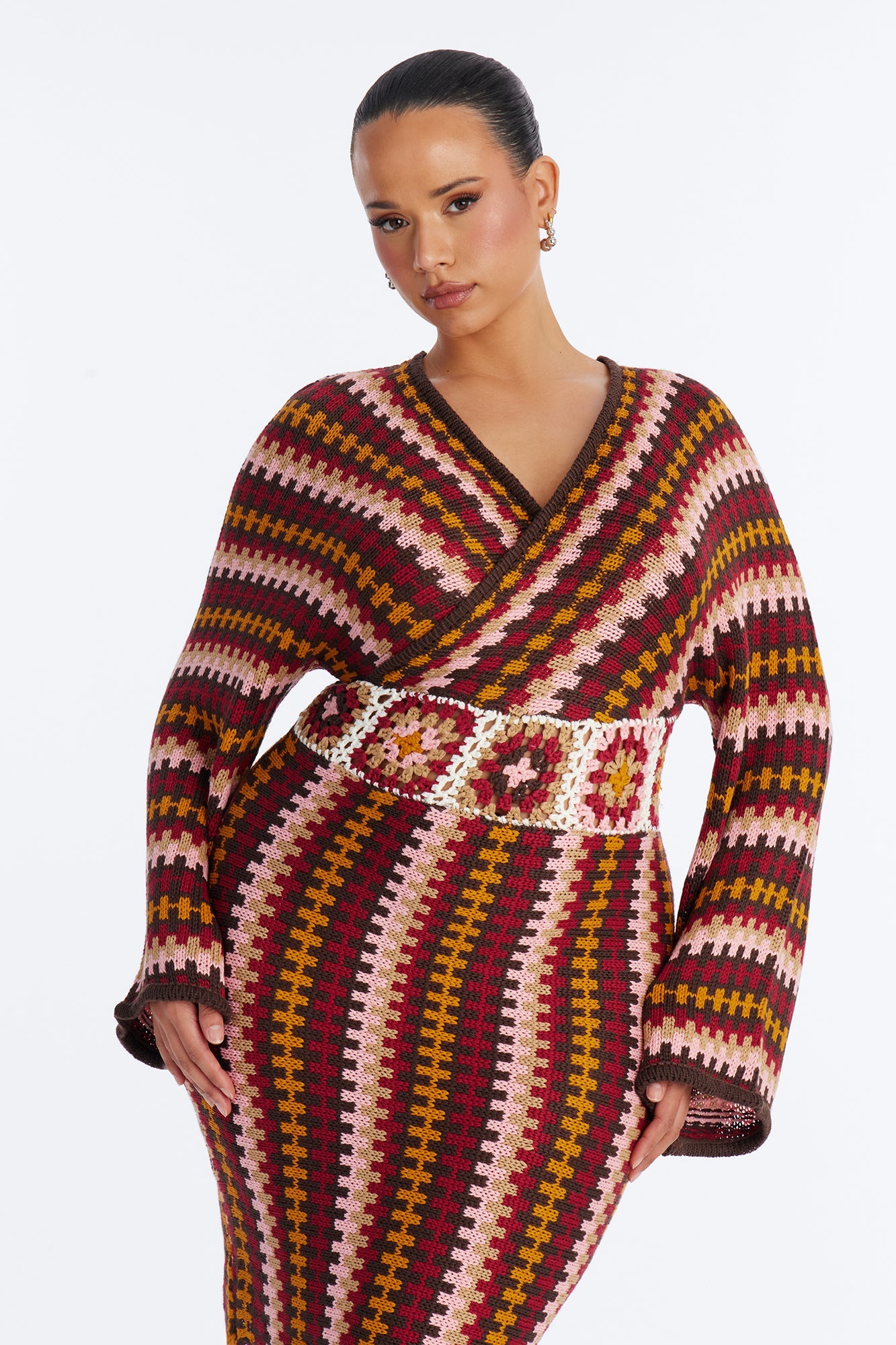 Under The Sun Long Sleeve Sweater Mini Dress - Burgundy/combo