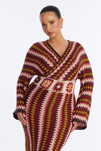 Under The Sun Long Sleeve Sweater Mini Dress - Burgundy/combo