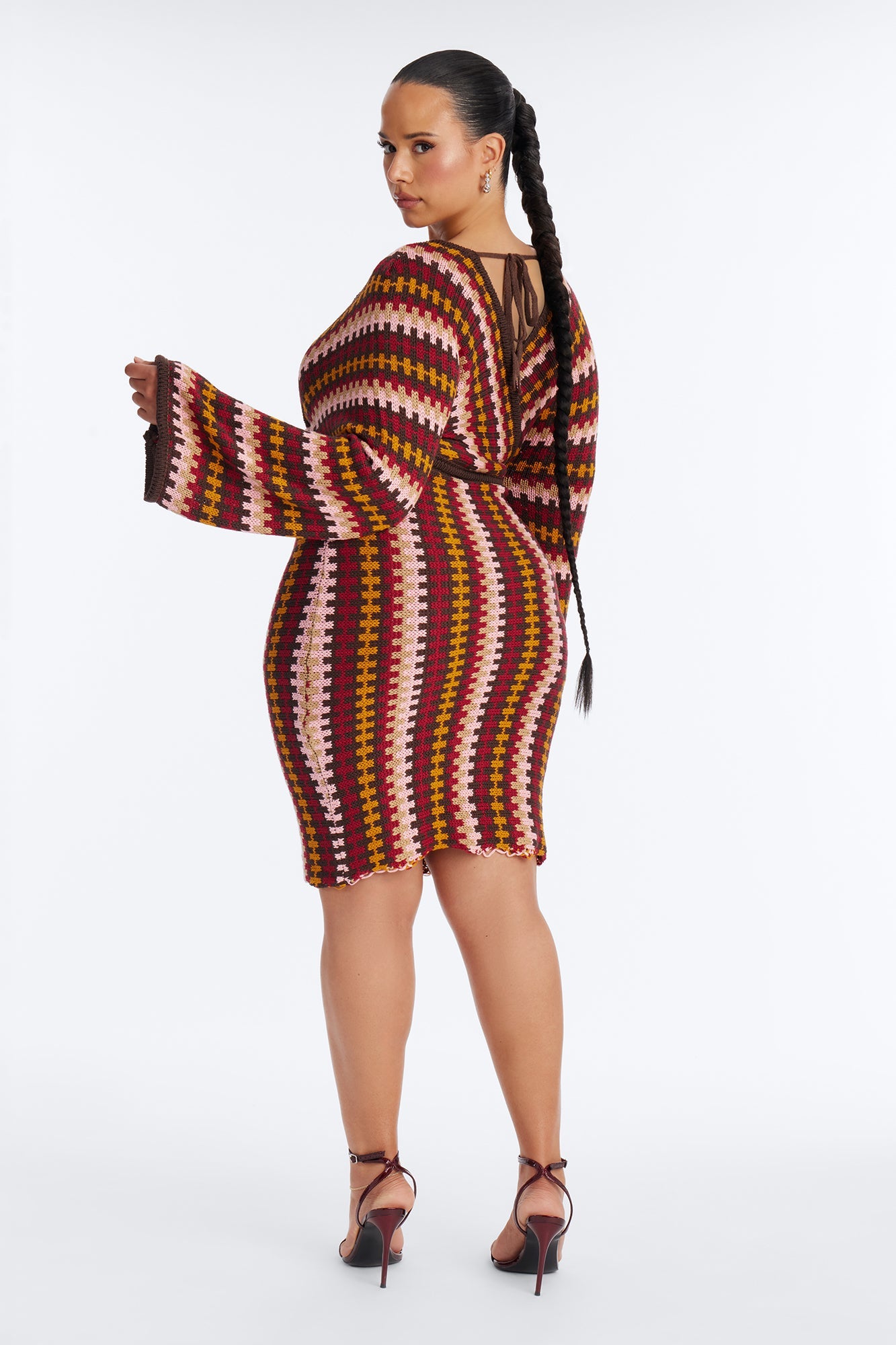 Under The Sun Long Sleeve Sweater Mini Dress - Burgundy/combo