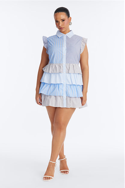 Around The Way Pinstripe Babydoll Mini Dress - Blue