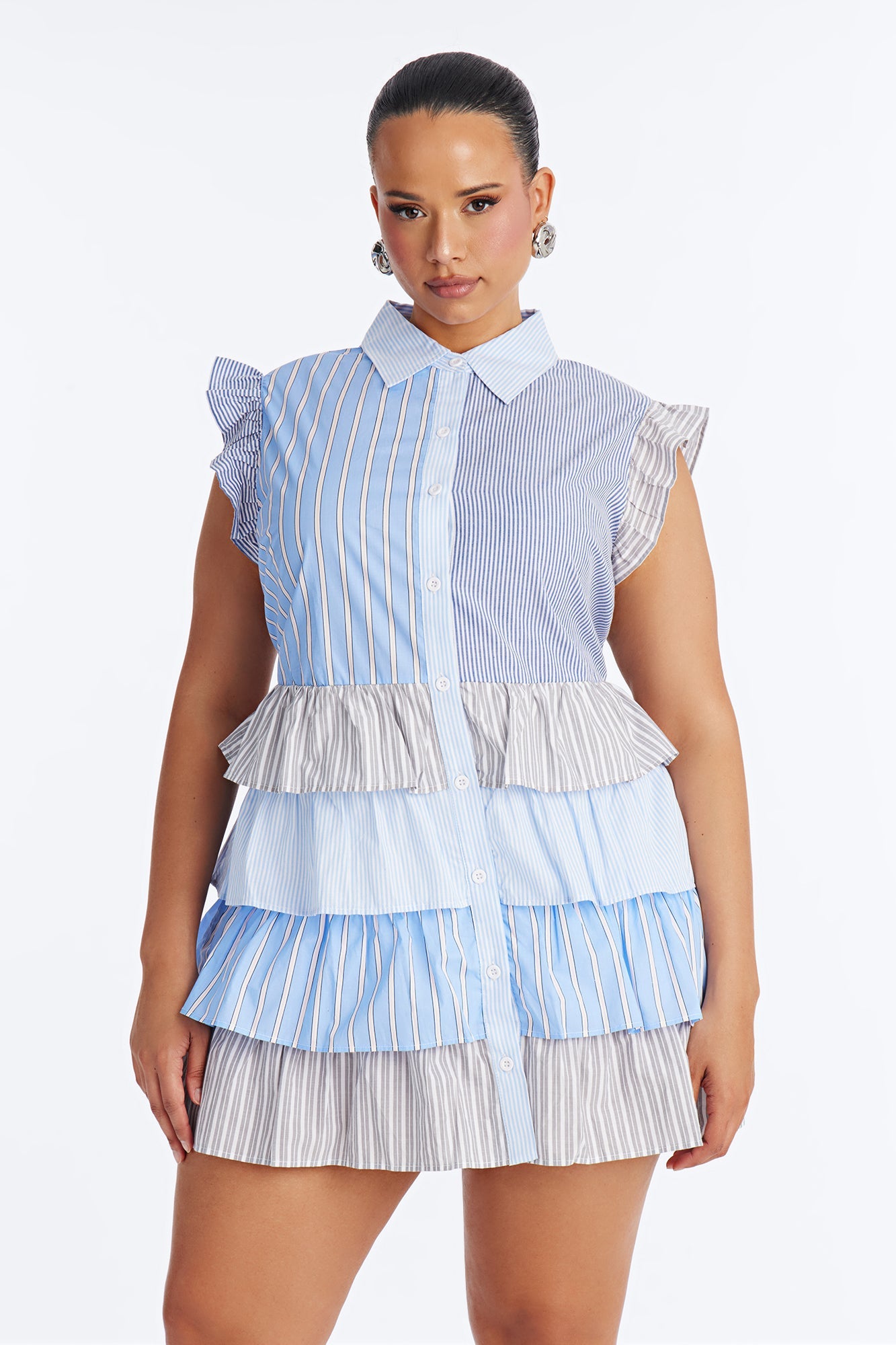 Around The Way Pinstripe Babydoll Mini Dress - Blue