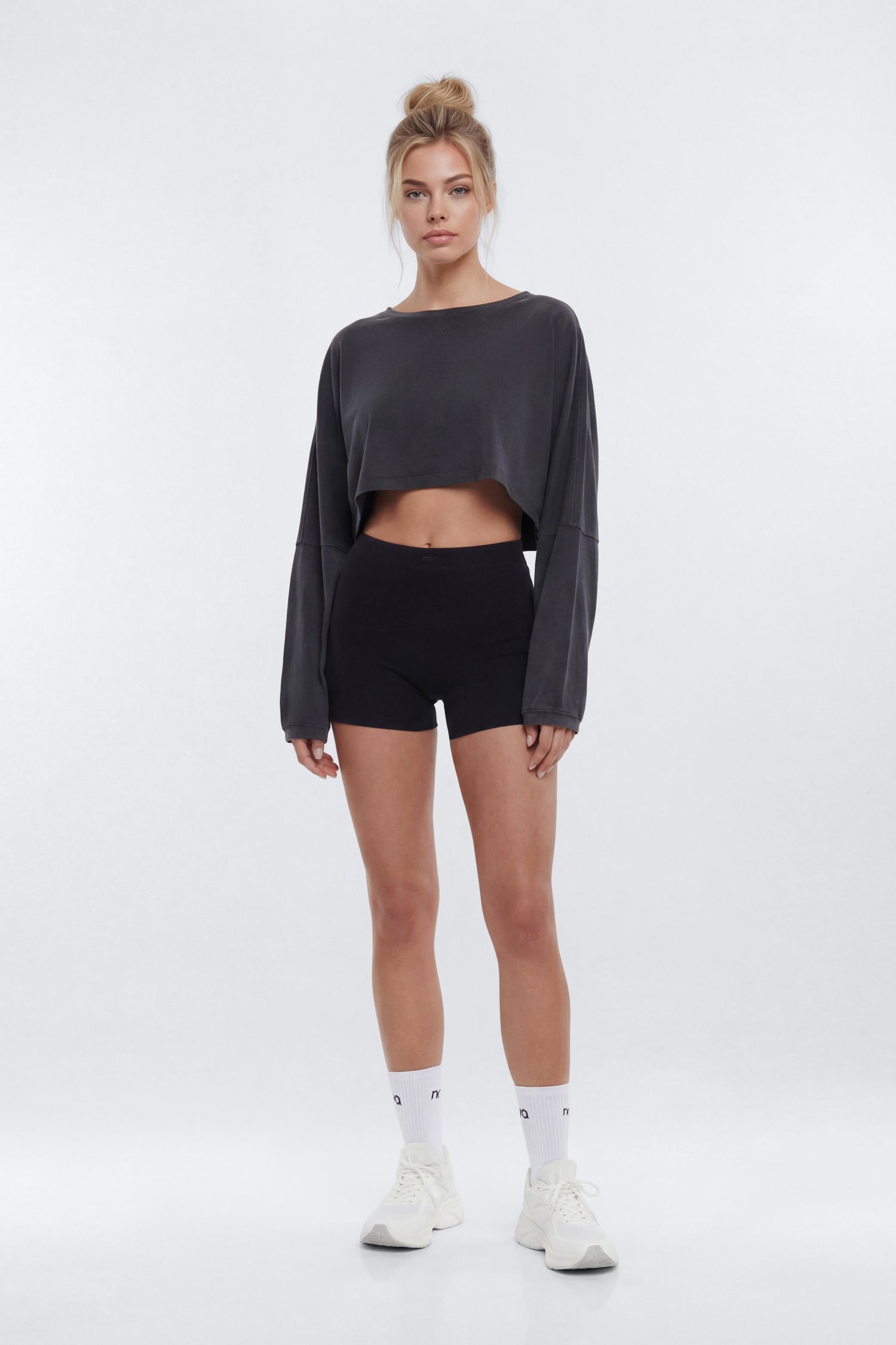 Cotton Jersey Long Sleeve Cropped Top - Charcoal