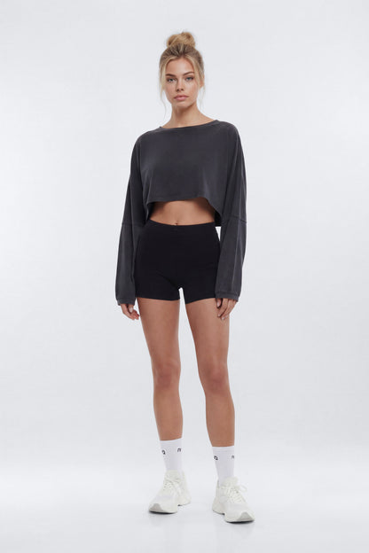 Cotton Jersey Long Sleeve Cropped Top - Charcoal