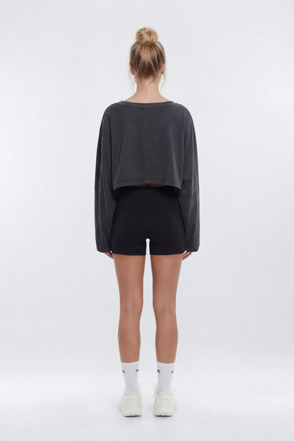 Cotton Jersey Long Sleeve Cropped Top - Charcoal