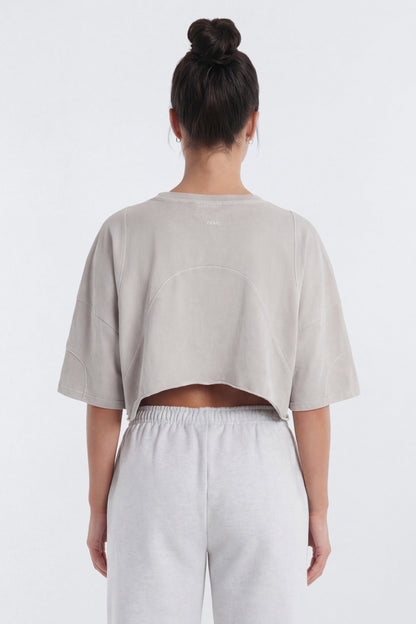 Cotton Jersey Oversized Stitched Short Sleeve Top - Stone