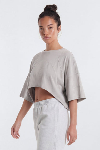 Cotton Jersey Oversized Stitched Short Sleeve Top - Stone