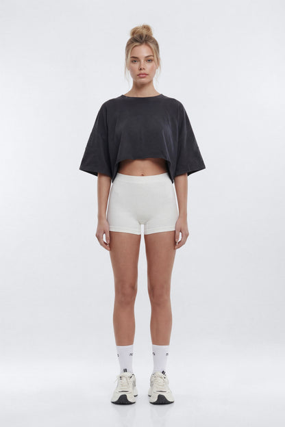 Cotton Jersey Oversized Stitched Short Sleeve Top - Charcoal