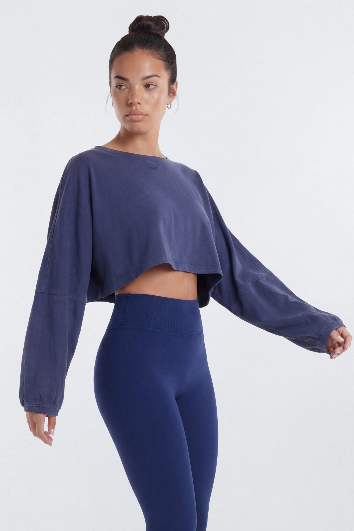 Cotton Jersey Long Sleeve Cropped Top - Navy