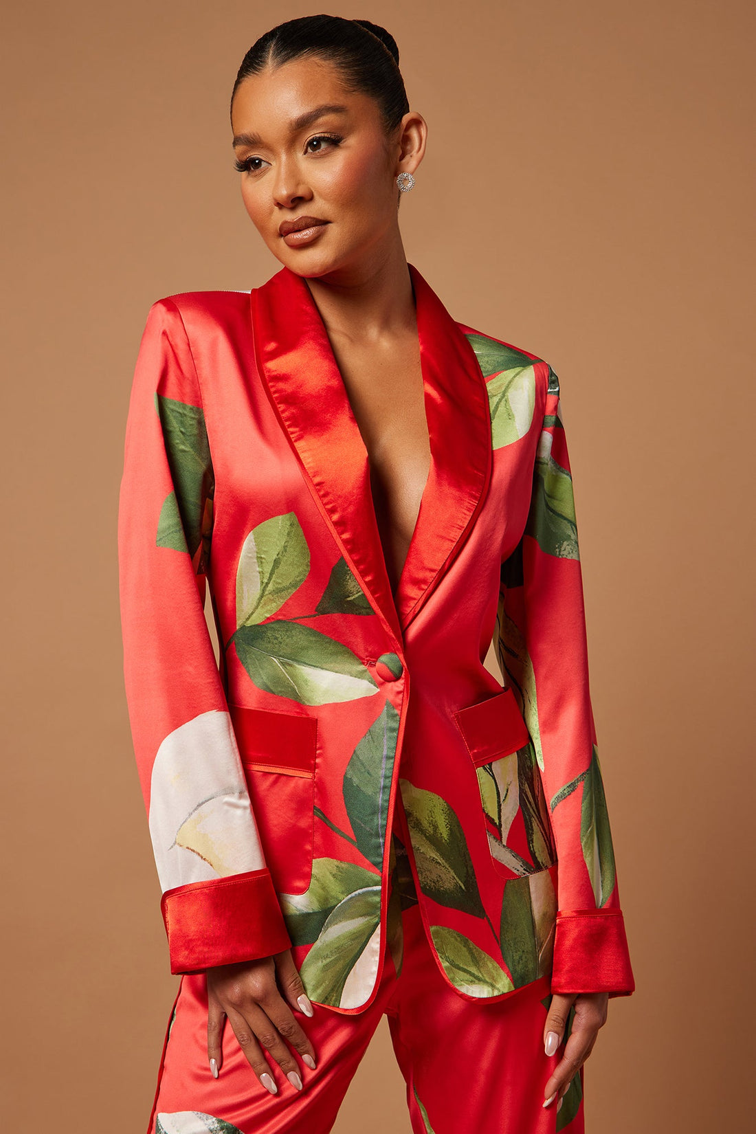 Ophelia Satin Floral Pant Suit Set - Red/combo