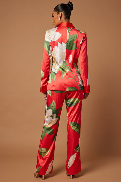 Ophelia Satin Floral Pant Suit Set - Red/combo