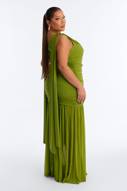 Elowen Ruched Draped Gown - Green